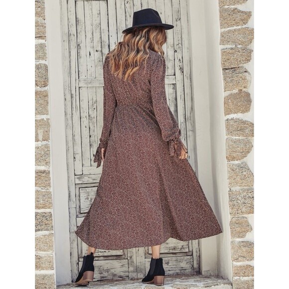 Women's Dalmatian Print Split Thigh Dress Brown and Dot White Size M - Picture 3 of 13